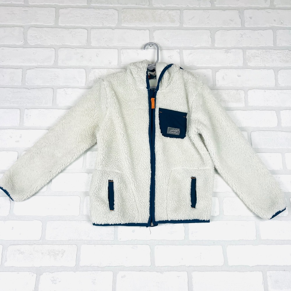Eddie Bauer‎ Kids Fleece Hoodie Jacket Cream Navy Blue Pockets Full Zip Size 6